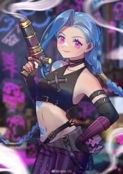 Rule 34 | 1girl, arcane: league of legends, arcane jinx, artist name, asymmetrical bangs, bare shoulders, blue hair, blurry, blurry background, blush, braid, breasts, closed mouth, cloud tattoo, collarbone, finger on trigger, fingerless gloves, gloves, gun, han-10, hand up, handgun, highres, holding, holding gun, holding weapon, jinx (league of legends), league of legends, long hair, looking at viewer, navel, pants, pink eyes, shoulder tattoo, smile, smoke, smoking gun, solo, striped clothes, striped pants, tattoo, twin braids, weapon