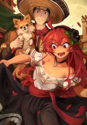 Rule 34 | 1boy, 1girl, absurdres, ahoge, animal, blush, closed mouth, eris greyrat, hat, highres, holding, holding animal, khyle., long hair, mexico, mushoku tensei, open mouth, outdoors, petals, red eyes, red hair, ruijerd superdia, scar, scar on face, smile, sombrero, teeth, tongue