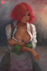 Rule 34 | 1girl, absurdres, blue eyes, breasts, brown lips, cleavage, collarbone, dark-skinned female, dark skin, downblouse, faux traditional media, giovanna (guilty gear), guilty gear, guilty gear strive, hair over one eye, highres, large breasts, looking at viewer, no bra, oil painting (medium), painting (medium), patreon username, plunging neckline, ravine bells, shirt, short hair, sitting, sleeves pushed up, solo, suspenders, traditional media, white shirt, wrist cuffs