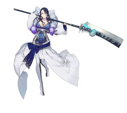 Rule 34 | 1girl, bare shoulders, black hair, blue eyes, breasts, dress, earrings, eyes visible through hair, full body, fur trim, holding, holding weapon, jewelry, jino, kaguya (sinoalice), large breasts, long hair, nail polish, off-shoulder dress, off shoulder, official art, sinoalice, skull, solo, weapon, white background