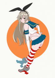 Rule 34 | 1girl, anchor hair ornament, bent over, black neckerchief, black panties, blue sailor collar, blue skirt, brown eyes, circle, commentary request, crop top, elbow gloves, full body, gloves, grey background, grey hair, hair ornament, hairband, highleg, highleg panties, kantai collection, long hair, looking at viewer, microskirt, miniskirt, neckerchief, ojipon, panties, pleated skirt, sailor collar, school uniform, serafuku, shimakaze (kancolle), skirt, solo, standing, striped clothes, striped thighhighs, thighhighs, thong, underwear, white gloves