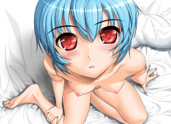 Rule 34 | 1girl, ayanami rei, barefoot, bed, black olive, blue hair, blush, breasts, completely nude, feet, highres, neon genesis evangelion, nipples, nude, puffy nipples, red eyes, small breasts, solo, sugaishi, sugaishi (unbr), toes