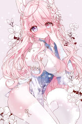Rule 34 | 1girl, absurdres, animal ear fluff, animal ears, bare shoulders, between legs, blue dress, blue sleeves, blush, breasts, cleavage, closed mouth, commentary request, covered navel, detached sleeves, dress, flower, from side, hair between eyes, hand between legs, hand up, head tilt, heterochromia, highres, large breasts, long sleeves, looking at viewer, looking to the side, nose blush, original, pelvic curtain, pink hair, purple eyes, sleeveless, sleeveless dress, solo, tail, tandohark, thighhighs, white flower, white thighhighs, wide sleeves