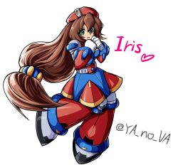 Rule 34 | 1girl, android, beret, blush, breasts, brown hair, character name, dress, full body, gloves, green eyes, hair between eyes, hat, highres, iris (mega man), long hair, looking at viewer, low-tied long hair, medium breasts, mega man (series), mega man x4, mega man x (series), open mouth, ponytail, simple background, smile, solo, very long hair, white background, white gloves, ya no va
