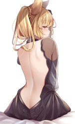 Rule 34 | 1girl, animal ears, ass, back, backless dress, backless outfit, bare back, bed sheet, black dress, blonde hair, butt crack, closed mouth, dress, erune, from behind, granblue fantasy, highres, keima ron, long hair, looking at viewer, looking back, ponytail, purple eyes, see-through, simple background, sitting, solo, white background, yuisis (granblue fantasy)