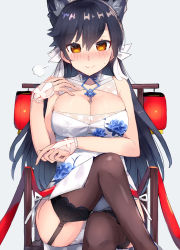Rule 34 | 1girl, alternate costume, animal ears, atago (azur lane), azur lane, bad id, bad nicoseiga id, bare shoulders, black hair, black thighhighs, blush, breasts, brown eyes, china dress, chinese clothes, cleavage, closed mouth, commentary request, cosplay, dated, dress, embarrassed, garter straps, gloves, hair between eyes, hair ribbon, highres, large breasts, long hair, looking at viewer, nonon (xenonbot), open mouth, panties, pantyshot, ponytail, ribbon, shiny skin, simple background, sitting, solo, st. louis (azur lane), st. louis (azur lane) (cosplay), st. louis (blue and white pottery) (azur lane), thighhighs, two side up, underwear, wariza, white background, white gloves