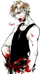 Rule 34 | 1boy, bad id, bad pixiv id, bare shoulders, blonde hair, blood, blood in mouth, blood splatter, blood on clothes, character name, fangs, hair over one eye, hand on own hip, hys122211, male focus, open mouth, red eyes, short hair, solo, spoilers, steve leonard, tank top, the saga of darren shan