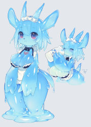 Rule 34 | 1girl, bottle, breasts, cleavage, commentary request, drinking, furry, furry female, grey background, highres, holding, holding bottle, horns, kishibe, large breasts, looking at viewer, maid headdress, milk, monster girl, original, red eyes, simple background, slime girl, smile, solo, tail, thick thighs, thighs