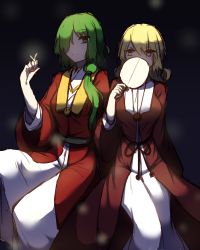 Rule 34 | 2girls, alternate costume, alternate hairstyle, blonde hair, blush, breasts, bug, chinese clothes, couple, covering own mouth, covering privates, curly hair, dark, dress, elly (touhou), fireflies, green eyes, green hair, hair between eyes, hair over one eye, hair over shoulder, hand fan, hanfu, highres, kazami yuuka, light smile, long hair, long sleeves, looking at another, medium breasts, medium hair, multiple girls, night, outdoors, red hanfu, red ribbon, red robe, ribbon, robe, sidelocks, sitting, smile, toaruroku, touhou, touhou (pc-98), white dress, wide sleeves, yellow eyes, yuri