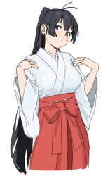 Rule 34 | 1girl, antenna hair, black hair, blue eyes, blush, breasts, character request, closed mouth, copyright request, cowboy shot, hakama, hakama skirt, hand on own shoulder, head tilt, highres, japanese clothes, kimono, kona ming, large breasts, long hair, looking at viewer, miko, ponytail, red hakama, sideways glance, simple background, skirt, solo, very long hair, white background, white kimono
