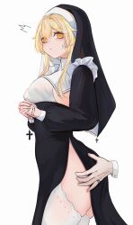 Rule 34 | 1girl, :&lt;, absurdres, ass, ass grab, black dress, blonde hair, breasts, closed mouth, cross, cross necklace, dress, genshin impact, habit, highres, holding, holding jewelry, holding necklace, jewelry, large breasts, looking at viewer, lumine (genshin impact), necklace, nun, own hands clasped, own hands together, short hair, side slit, simple background, thighhighs, thighs, unosaki2, white background, white thighhighs, yellow eyes