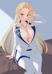 Rule 34 | 1girl, blazer, blonde hair, breasts, cleavage, collarbone, earrings, formal, green nails, highres, hoop earrings, jacket, jewelry, kakubou, large breasts, long hair, luxeed (vrecord), multicolored clothes, multicolored jacket, nail polish, naked jacket, necklace, pant suit, pants, ring, sitting, solo, star (symbol), starry sky print, stomach tattoo, suit, tattoo, vrecord, white jacket, white pants, yellow eyes