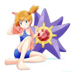 Rule 34 | 1girl, barefoot, blush, closed mouth, collarbone, commentary request, creatures (company), eyelashes, game freak, gen 1 pokemon, green eyes, hair tie, highres, holding, holding towel, kuroki shigewo, looking to the side, misty (pokemon), nintendo, orange hair, pink towel, pokemon, pokemon (creature), pokemon frlg, side ponytail, sitting, smile, starmie, swimsuit, toenails, toes, towel, towel around neck