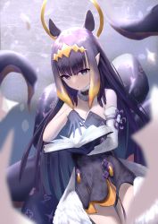 Rule 34 | 1girl, absurdres, ao-chan (ninomae ina&#039;nis), black dress, blue eyes, blunt bangs, book, breasts, detached sleeves, dress, gloves, halo, headpiece, highres, holding, holding book, hololive, hololive english, kabedoru, long hair, looking at object, low wings, ninomae ina&#039;nis, ninomae ina&#039;nis (1st costume), pointy ears, purple hair, sidelocks, single detached sleeve, small breasts, solo, strapless, strapless dress, tentacle hair, tentacles, tiara, virtual youtuber, wings