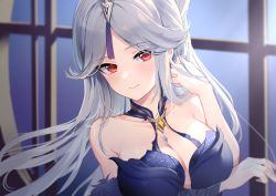 Rule 34 | 1girl, arm under breasts, bare shoulders, blue dress, breasts, brooch, cleavage, closed mouth, dress, feather boa, genshin impact, grey hair, hair ornament, hand up, highres, jewelry, jura, large breasts, light blush, looking at viewer, ningguang (genshin impact), ningguang (orchid&#039;s evening gown) (genshin impact), parted bangs, red eyes, smile, solo, tassel, tassel hair ornament, upper body