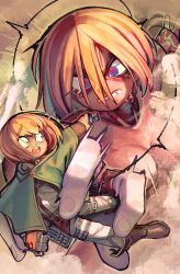 Rule 34 | &gt;:(, 1boy, 1girl, :o, armin arlert, blonde hair, blue eyes, boots, brown footwear, carrying, carrying person, catching, chest belt, clenched teeth, cloak, exposed muscle, female titan, from above, giant, giantess, green cloak, hair between eyes, highres, knee boots, open mouth, outstretched arm, pants, shingeki no kyojin, shirt, short hair, size difference, surprised, teeth, three-dimensional maneuver gear, titan (shingeki no kyojin), v-shaped eyebrows, wamudraws, white pants, white shirt, wide-eyed