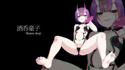 Rule 34 | 1girl, barefoot, between toes, blush, bob cut, fate/grand order, fate (series), feet, foot focus, highres, horns, looking at viewer, parted lips, purple eyes, purple hair, shuten douji (fate), sitting, smile, soles, spread legs, toes