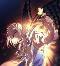 Rule 34 | 1boy, blue eyes, bug, butterfly, butterfly on hand, butterfly wings, fate/grand order, fate (series), highres, insect, insect on finger, insect wings, male focus, oberon (fate), senzaki makoto, silver hair, solo, twitter username, wings