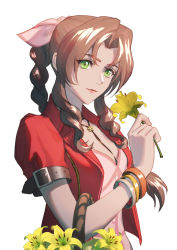 Rule 34 | 1girl, aerith gainsborough, bangle, basket, bracelet, braid, braided ponytail, breasts, brown hair, choker, cleavage, cropped jacket, dress, eilinna, final fantasy, final fantasy vii, final fantasy vii remake, flower, flower basket, flower choker, green eyes, hair ribbon, holding, holding basket, holding flower, jacket, jewelry, light smile, lily (flower), long hair, looking at viewer, medium breasts, parted bangs, pink dress, pink ribbon, red jacket, ribbon, short sleeves, sidelocks, solo, square enix, upper body, wavy hair, white background, yellow flower