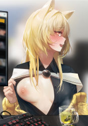 Rule 34 | 1girl, absurdres, animal ear fluff, animal ears, arknights, black shirt, blonde hair, blush, breasts, cardigan, cat ears, clothes pull, commentary request, full-face blush, green tea, highres, keyboard (computer), long hair, looking at viewer, mo ne, monitor, nightmare (arknights), nipples, off shoulder, one breast out, open cardigan, open clothes, open mouth, open shirt, orange eyes, profile, pulled by self, shirt, shirt pull, small breasts, solo, sweatdrop, tea, teeth, yellow cardigan