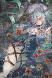 Rule 34 | 1girl, absurdres, arknights, bare shoulders, bikini, black dress, breasts, brown gloves, cleavage, detached collar, dress, feet out of frame, flower, front-tie bikini top, front-tie top, gloves, grey dress, grey hair, grey headwear, head tilt, highres, large breasts, layered dress, long hair, looking at viewer, off-shoulder dress, off shoulder, official alternate costume, parted lips, partially submerged, petals, red eyes, red flower, short dress, skadi (arknights), skadi the corrupting heart (arknights), skadi the corrupting heart (sublimation) (arknights), solo, swimsuit, thigh strap, vea (v ea ), very long hair, water