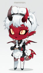 Rule 34 | 1boy, 21 ke, :3, apron, back bow, black dress, black sclera, bow, chibi, chinese commentary, collared dress, colored sclera, colored skin, crossdressing, demon boy, demon horns, demon tail, demon wings, dress, dress bow, ear piercing, earrings, extra eyes, frilled apron, frills, full body, gradient background, grey background, hooves, horns, jewelry, juliet sleeves, long sleeves, looking at viewer, maid, maid apron, maid headdress, male focus, monster boy, open mouth, original, piercing, pointy ears, puffy sleeves, red horns, red skin, red wings, short hair, slit pupils, solo, standing, tail, white apron, white background, white bow, white hair, white headwear, wings, yellow eyes