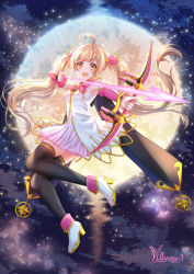Rule 34 | 1girl, ahoge, artist name, black thighhighs, blonde hair, bow, commentary, detached sleeves, dress, energy arrow, english commentary, full moon, hair between eyes, hair ornament, hakozaki serika, high heels, idolmaster, idolmaster million live!, jacket, looking at viewer, moon, night, night sky, open mouth, purple dress, sky, sleeveless, sleeveless jacket, solo, thighhighs, twintails, villyane, white jacket, yellow eyes