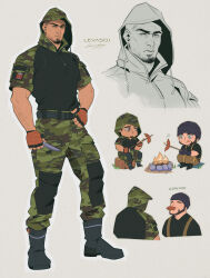 Rule 34 | 2boys, artist name, bara, beard stubble, boots, camouflage, camouflage jacket, camouflage pants, chibi, facial hair, food, food in mouth, glaz (rainbow six siege), gloves, green jacket, green pants, highres, holding, holding knife, holding weapon, hood, hood up, hooded jacket, jacket, kapkan (rainbow six siege), knife, large pectorals, levasoj, looking at another, male focus, multiple boys, muscular, muscular male, orange gloves, pants, pectorals, rainbow six siege, stubble, weapon