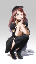 Rule 34 | 1girl, absurdres, boots, breasts, brown hair, cabbie hat, choker, cleavage, dorothea arnault, earrings, fire emblem, fire emblem: three houses, floof n wool, garreg mach monastery uniform, green eyes, hand to own mouth, hat, heart, high heels, highres, jewelry, large breasts, long hair, looking at viewer, nail polish, nintendo, one eye closed, pixiv username, red nails, skirt, smile, solo, squatting, thigh boots