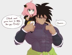 Rule 34 | 1boy, 1girl, absurdres, ahoge, anya (spy x family), arm guards, black dress, black eyes, black footwear, black hair, bodysuit, broly (dragon ball super), child, collared shirt, covered abs, crossover, dragon ball, dragon ball super, dragon ball super broly, dress, eden academy school uniform, eyelashes, facial scar, gold trim, hair between eyes, hair ornament, hairpods, highres, i think we&#039;re gonna have to kill this guy steven (meme), instagram username, large pectorals, lovepizza26, meme, muscular, muscular male, on shoulder, open mouth, pectorals, pink hair, pointing, scar, scar on cheek, scar on face, school uniform, shirt, size difference, speech bubble, spy x family, square neckline, twitter username, upper body, v-shaped eyebrows, waist cape, white background, white shirt