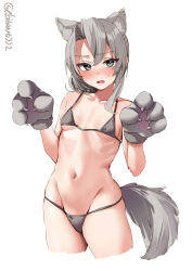 Rule 34 | 1girl, animal ear fluff, animal ears, animal hands, bare shoulders, bikini, black bikini, blush, breasts, cowboy shot, cropped legs, ebifurya, fake animal ears, gloves, grey eyes, grey hair, groin, hands up, highres, kantai collection, micro bikini, navel, nowaki (kancolle), one-hour drawing challenge, open mouth, parted bangs, paw gloves, simple background, skindentation, small breasts, solo, stomach, swimsuit, tail, thighs, twitter username, underboob, white background, wolf ears, wolf girl, wolf tail
