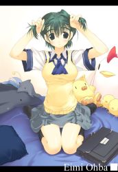 Rule 34 | 00s, bed, bunching hair, comic party, letterboxed, oba eimi, ooba eimi, school uniform, serafuku, socks, solo, stuffed animal, stuffed toy, twintails