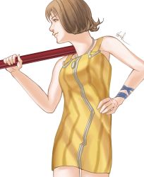 Rule 34 | 1girl, breasts, brown hair, closed mouth, cup month, dress, final fantasy, final fantasy viii, flipped hair, green eyes, highres, nunchaku, selphie tilmitt, short hair, simple background, skirt, smile, solo, weapon, white background, yellow overalls, yellow skirt