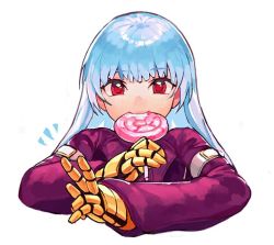Rule 34 | 1girl, :3, belt, belt collar, blue background, blue hair, bodysuit, breasts, candy, collar, eating, food, gloves, kula diamond, lollipop, long hair, long sleeves, looking at viewer, medium breasts, oni gini, purple eyes, simple background, smile, solo, the king of fighters, turtleneck, upper body, v, white background, zipper