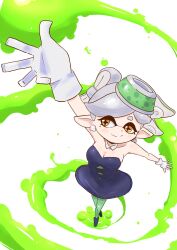 Rule 34 | 1girl, bare arms, black dress, bow-shaped hair, breasts, cleavage, collarbone, detached collar, detesu, dress, food, food on head, gloves, green pantyhose, grey hair, highres, inkling, marie (splatoon), mole, mole under eye, nintendo, object on head, pantyhose, short dress, solo, splatoon (series), squid girl, strapless, strapless dress, sushi, swept bangs, thick eyebrows, white gloves