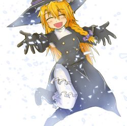 Rule 34 | 1girl, bad id, bad twitter id, blonde hair, braid, closed eyes, gloves, hair ribbon, hat, kirisame marisa, looking at viewer, nnns, open mouth, ribbon, ribbon trim, smile, solo, touhou, witch hat