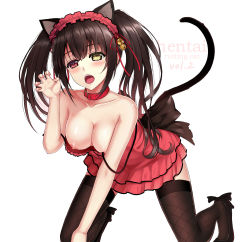Rule 34 | 1girl, animal ears, bare shoulders, bell, black hair, black thighhighs, blush, breasts, cat ears, cat tail, clothes pull, collar, collarbone, date a live, downblouse, dress, dress pull, closed eyes, frilled dress, frills, garter straps, hairband, heterochromia, highres, kneeling, lolita hairband, long hair, looking at viewer, medium breasts, nipples, no bra, open mouth, paw pose, red dress, red eyes, ribbon-trimmed dress, simple background, solo, strap slip, symbol-shaped pupils, tail, thighhighs, tokisaki kurumi, twintails, white background, yellow eyes, z1npool