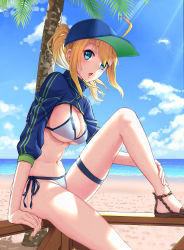 Rule 34 | 1girl, absurdres, ahoge, artoria pendragon (fate), baseball cap, beach, bikini, blonde hair, blue eyes, blue hat, blue jacket, blue sky, blush, breasts, cleavage, cropped jacket, day, dousunnen, fate/grand order, fate (series), hair between eyes, hair through headwear, hat, highres, jacket, knee up, large breasts, light rays, long hair, looking at viewer, mysterious heroine x (fate), mysterious heroine xx (fate), navel, open mouth, palm tree, ponytail, shrug (clothing), sitting, sky, solo, sunlight, swimsuit, thigh strap, tree, wet, white bikini