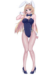 Rule 34 | 1girl, animal ears, blonde hair, blue eyes, bow, bowtie, detached collar, fake animal ears, fishnet pantyhose, fishnets, full body, high heels, highres, leotard, long hair, musasinodaichi, original, pantyhose, pigeon-toed, playboy bunny, pumps, rabbit ears, shoes, simple background, solo, thigh gap, thighs, white background, wrist cuffs