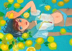 Rule 34 | 1girl, absurdres, afloat, air bubble, arm at side, arm up, bad id, bad pixiv id, blouse, blue eyes, blue panties, blush, bow, bow panties, bubble, commentary request, cowboy shot, denqyellow, floating, floating object, food, from above, fruit, highres, holding, holding food, holding fruit, lemon, lemon slice, looking at viewer, looking up, lying, navel, neck ribbon, no pants, on back, original, panties, partially submerged, ribbon, school uniform, shirt, short hair, short sleeves, solo, stomach, tongue, tongue out, underwear, undone neck ribbon, water, wet, wet clothes, white shirt, yellow ribbon