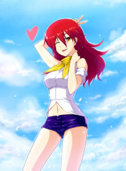 Rule 34 | 1girl, ;p, bare shoulders, breasts, butter-t, cloud, day, heart, long hair, medium breasts, navel, one eye closed, original, petals, red hair, scarf, short shorts, shorts, sky, smile, solo, tongue, tongue out, wink, yellow eyes