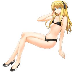 Rule 34 | 1girl, a1 (initial-g), bikini, blonde hair, blue eyes, crossed legs, flat chest, full body, high heels, long hair, long legs, navel, quiz magic academy, shalon, shoes, sitting, smile, solo, swimsuit, transparent background