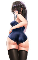 Rule 34 | 1girl, ass, bare arms, black hair, black one-piece swimsuit, black thighhighs, blush, breasts, commentary request, competition swimsuit, from behind, hair between eyes, highres, long hair, looking at viewer, looking back, medium breasts, one-piece swimsuit, original, perky breasts, purple eyes, school swimsuit, sidelocks, simple background, solo, standing, swimsuit, thighhighs, twisted torso, white background, yukemuriganmo