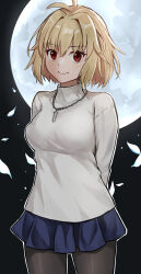 Rule 34 | 1girl, antenna hair, arcueid brunestud, arms behind back, black pantyhose, blonde hair, blue skirt, closed mouth, commentary, hair between eyes, highres, jewelry, long sleeves, looking at viewer, miniskirt, moon, necklace, pantyhose, petals, pleated skirt, red eyes, short hair, skirt, smile, solo, sweater, tentaizukan, tsukihime, tsukihime (remake), turtleneck, turtleneck sweater, white sweater