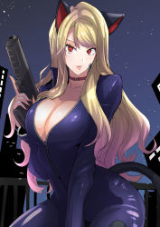 Rule 34 | 1girl, :p, animal ears, arm between breasts, ass, belt collar, between breasts, blonde hair, bodysuit, breasts, cat ears, cat girl, cat tail, clash kuro neko, cleavage, collar, collarbone, commentary, forehead, gun, hair over shoulder, handgun, highres, holding, holding gun, holding weapon, large breasts, long hair, looking at viewer, multicolored hair, nail polish, night, night sky, original, outdoors, parted bangs, phantom thief, pistol, purple hair, railing, red eyes, shadow, skin tight, sky, solo, streaked hair, tail, thighs, tongue, tongue out, two-tone hair, unzipped, weapon