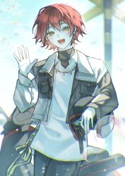 Rule 34 | 1boy, absurdres, blue sky, blush, bubble, collared shirt, cropped jacket, earrings, hair between eyes, hanasaki miyabi, highres, holostars, jacket, jewelry, light particles, looking at viewer, male focus, moped, motor vehicle, open clothes, open jacket, open mouth, outdoors, red hair, shirt, simple background, sky, smile, solo, standing, virtual youtuber, yellow eyes, yu yu (yuyuuuu99550771)