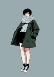 1girl absurdres amagami black_eyes black_hair coat commentary_request full_body hands_in_pockets highres long_sleeves nanasaki_ai open_clothes open_coat oshizu scarf shoes skirt smile sneakers socks solo