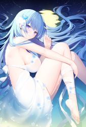 Rule 34 | 1girl, armpits, backless dress, backless outfit, bare arms, bare shoulders, barefoot, blue hair, breasts, dress, emori miku, from side, hair ornament, highres, large breasts, leg ribbon, liver city, long hair, looking at viewer, lying, miko (royal milk), on side, purple eyes, ribbon, short dress, sleeveless, sleeveless dress, smile, solo, strap gap, thighs, very long hair, water, white dress, white ribbon