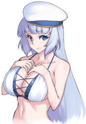 Rule 34 | 1girl, bare shoulders, bikini, blue eyes, blunt bangs, character request, copyright request, hat, jonylaser, long hair, looking at viewer, silver hair, simple background, solo, swimsuit, white background, white bikini