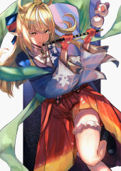 Rule 34 | 1girl, absurdres, blonde hair, closed mouth, commentary request, dark-skinned female, dark skin, eyelashes, gloves, hair ornament, hands up, highres, holding, hololive, long hair, long sleeves, maruno ball, multicolored hair, orange eyes, pointy ears, red gloves, shiranui flare, shiranui flare (new year), smile, solo, streaked hair, virtual youtuber, white hair, wide sleeves
